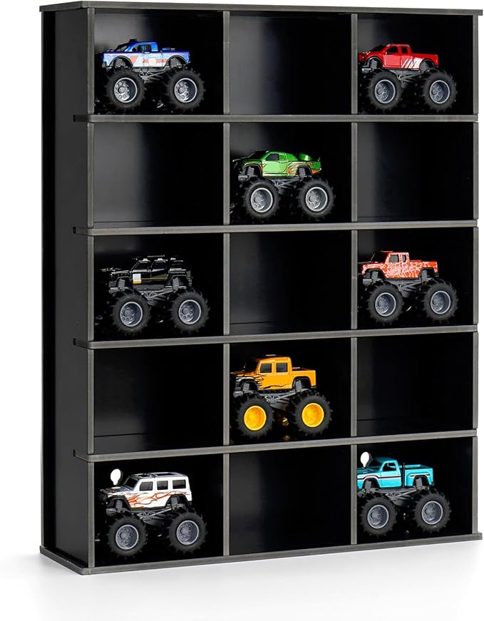 Trucks Display Shelf, 15 Slot Toy Cars Display Case, Wall Mounted Toy Truck Storage Organizer Holder, Black