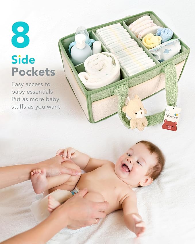YOSING Diaper Caddy Organizer with 13 Pockets & Removable Dividers - Portable Baby Storage Basket for Nursery, Car Travel & Newborn Essentials, Green+ White