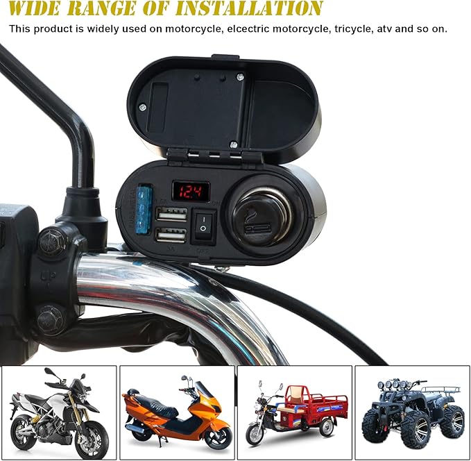 BlueFire 5V/3A Dual USB Charger Socket Waterproof Motorcycle Handlebar & Rear View Mirror Clamp Power Adapter Charger with Cigarette Lighter Socket, Voltmeter for Phones/Tablets/GPS (Black 1)