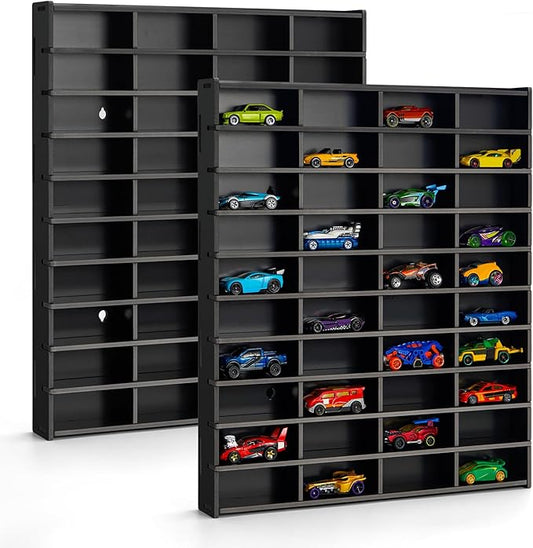 2 Pack Toy Car Display Shelf, Holds 80 Diecast 1/64 Toy Cars, Wall Mount Model Car Storage Organize Case, Black