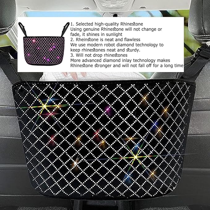 zipelo Bling Car Net Pocket Handbag Holder, Rhinestone Vehicle Backseat Purse Organizer Between Seats, Diamond Hanging Storage Bag Barrier of Pet Kids, Universal Automotive Accessories (Pink)