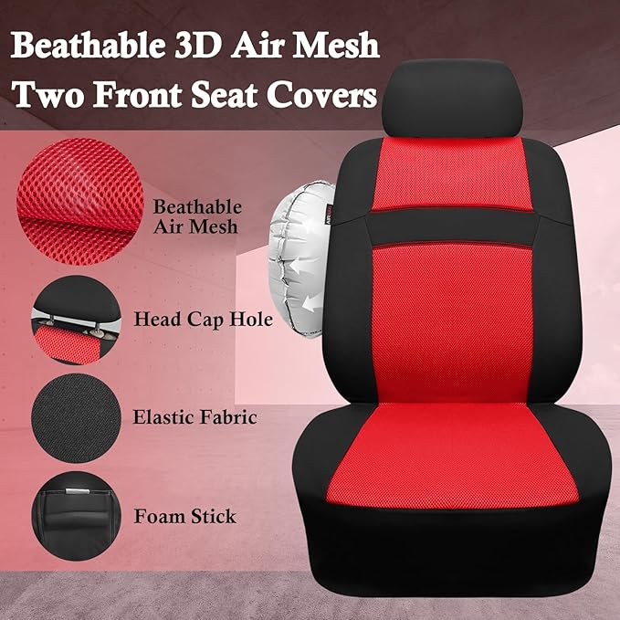 CAR PASS Car Seat Covers Front Seats Only, 3D Air Mesh Car Seat Cover with 5mm Composite Sponge Inside,Airbag Compatible Universal Fit for SUV,Vans,sedans, Trucks, Automotive Interior Covers(Black Red