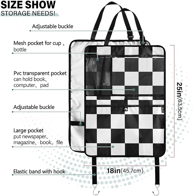 2 Pack Back Seat Car Organizer with Storage Pockets Kick Mats Back Seat Protector Hanging Car Organizer Automotive Seat Back Cover Organizers Checkered Black and White