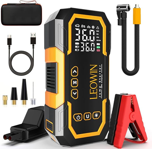 Jump Starter with Air Compressor, Battery Jumper Starter Portable(9.0 Gas/6.5L Diesel) with Tire Inflator, 12V Car Battery Jump Starter with Smart Jumper Cables, LED Light, LCD Display