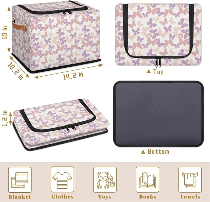 Large Toy Box Collapsible Storage Bins with Lids Closet Storage Baskets for Organizing Shelves Nursery Toy Storage Organizer Boxes for Kids, Boys, Girls (Pink Purple Floral Butterfly)
