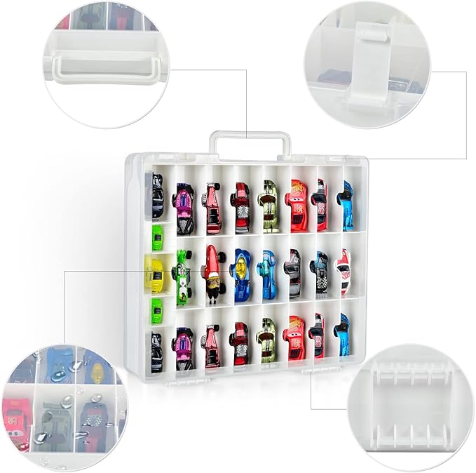 FULLCASE Toys Organizer Storage Compatible with Hot Wheels Car, Container for Matchbox Cars, Mini Toy, Small Dolls, Double Sided Carrying Box for Hotwheels - 48 Compartments (Case Only) White