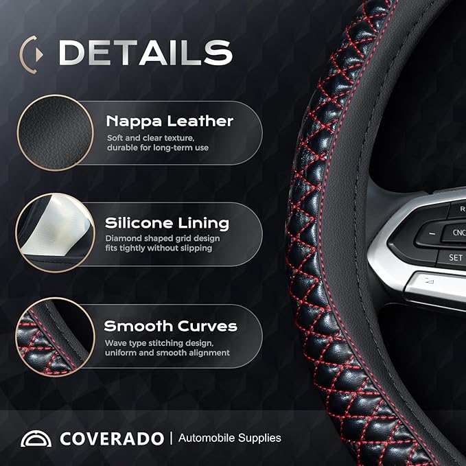 Coverado Car Steering Wheel Cover, Nappa Leather Black & Redline Steering Wheel Covers, Universal 14-15 inch, Anti-Slip, Breathable Steering Wheel Protector for Women Men