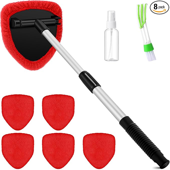 Potchen 8 Pcs Car Windshield Cleaner Tool Kit with Extendable Handle, Microfiber Towel Pads, Brush, Empty Spray Bottle for Auto Glass Wiper Suvs Rvs & Home Windows(Red)