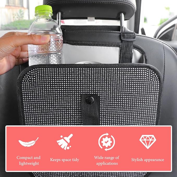 Car Foldable Trash Can, Bling Rhinestone Oxford Garbage Container Hanging Waterproof Organizer, Mini Crystal Dustbin Waste Basket Leakproof Trash Bin for Car Office Kitchen (Black)