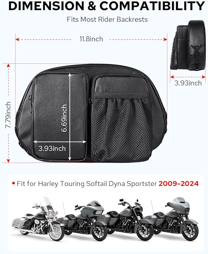 Benlari Rider Driver Backrest Bag, Driver Backrest Storage Bag, Rider Backrest Organizer Bag Fit for Harley Touring CVO Street Glide Road Glide Limited Softail Sportster Tri Glide Dyna