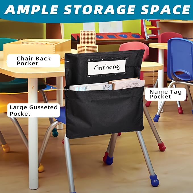 24 Pcs Classroom Chair Pockets, 19.49 x 15.94 inch Chair Pockets For Classroom, Seat Sacks for Classroom Chairs, Buddy Pocket, Chart Seat Back Organizer with Name Tag