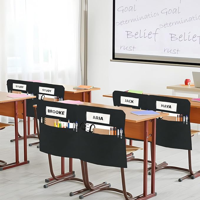 24 Pack Chair Pockets for Classrooms, 16 x 19 inch Pocket Chart Back of Chair Organizer for Kids with Name Slot, Seat Sacks for Classroom Chairs Seat Storage (Black, 24Pack)