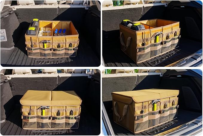 Trunk Organizer Wiith Lid For SUV Truck, Car Trunk Organizer, Truck Bed Organizer, Large, Brown, 4-Compartments With Handle