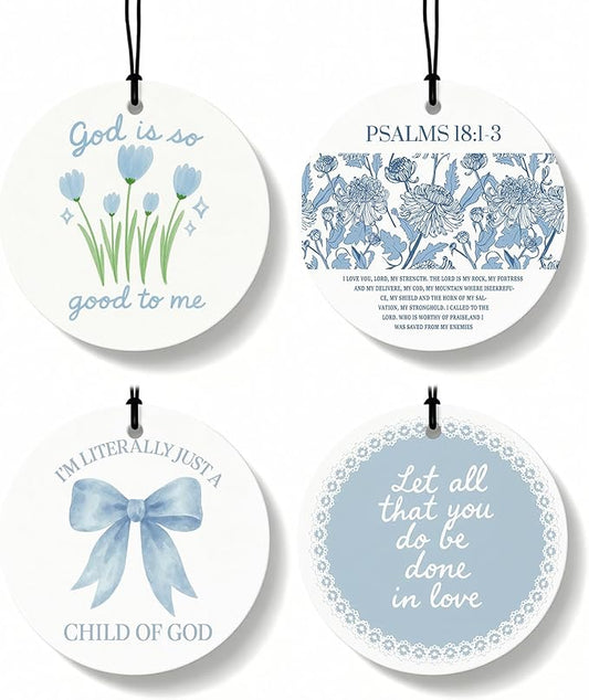 Blue Christian Round Citrus Car Air Freshener 4 Pcs, Blue Coquette Bow Tulip Floral Hanging Air Freshener for Cars Bathroom Dorm Books Decor, Girly Christian Accessories Gifts for Women Girls