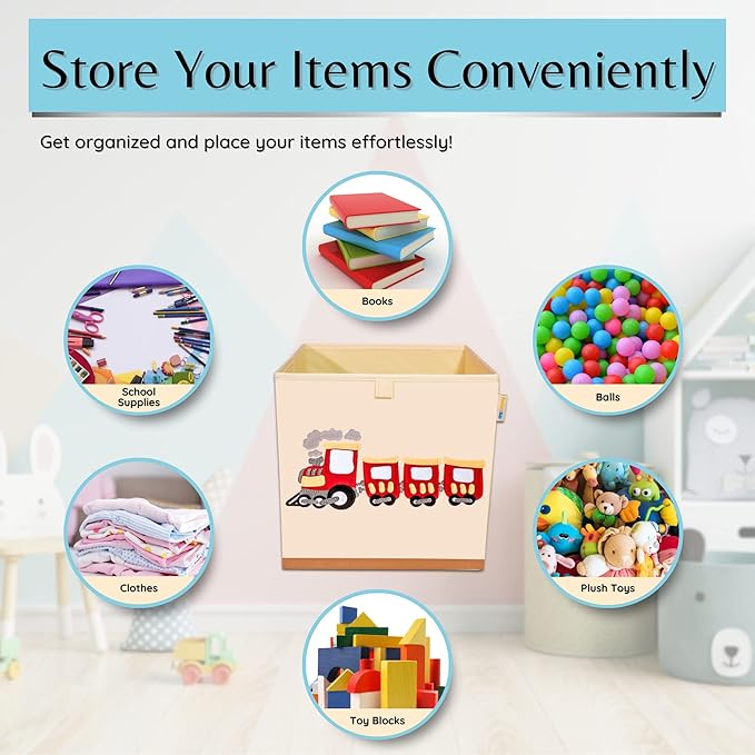 Washable Toy Box Storage Cube, Canvas Toy Chest Organizer Foldable Kids Toy Storage Organizers for Child's Bedroom or Playroom -13x13x13 Inch (Train)