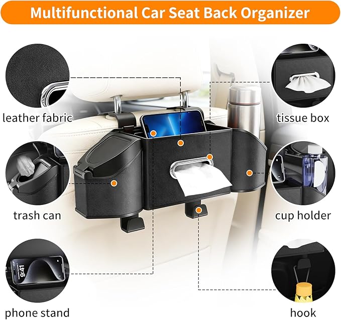 7-in-1 Multifunctional Car Seat Back Organizer, Car Back Seat Storage Box Trash Can & Cup Holder with Tissue Box, Hooks, Universal Fit for Most Cars, SUVs, Trucks (Black.)