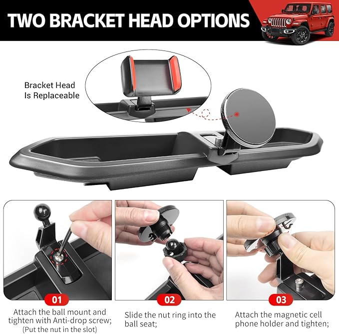 Magnetic Phone Mount Holder Fit for 2018-2023 Jeep Wrangler JL JLU&Gladiator JT Car Dashboard Multi-Mount Phone Holder Dash Tray for 2023 Jeep JL/JT Accessories(2018-2023 4X4, Not for 4XE)