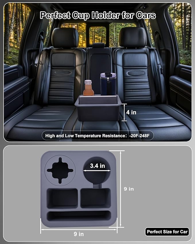 Car Cup Holder Tray Bonfixe 4-Inch Anti-Spill Design - Stable Backseat Organizer with Anti-Slip Pads | Food-Grade Silicone Couch Caddy for Car, Truck, Home, Office (Black-Grey)