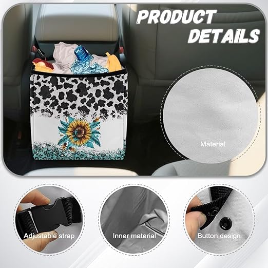 Cowhide Leopard Sunflower Car Trash Can Leak Proof Auto Trash Bag Hanging Vehicle Garbage Can Multipurpose Storage Container for Back Seat Car Accessories