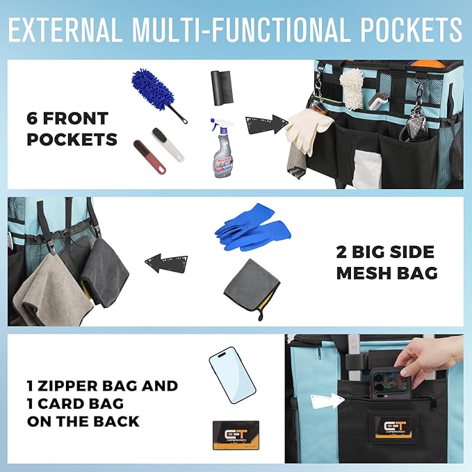 Rolling Cleaning Caddy Bag with Detachable Trolley, Large Cleaning Supplies Organizer with Wheels, Multi Pocket Cleaning Cart with Adjustable Shoulder Strap for Housekeepers & Home, SkyBlue
