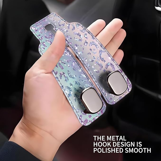 Car Seat Headrest Hook, Universal Leather Cute Hanger Holder Hook, Storage Organizer Interior Accessories for Purse Bags Handbag Glitter Purple Leopard