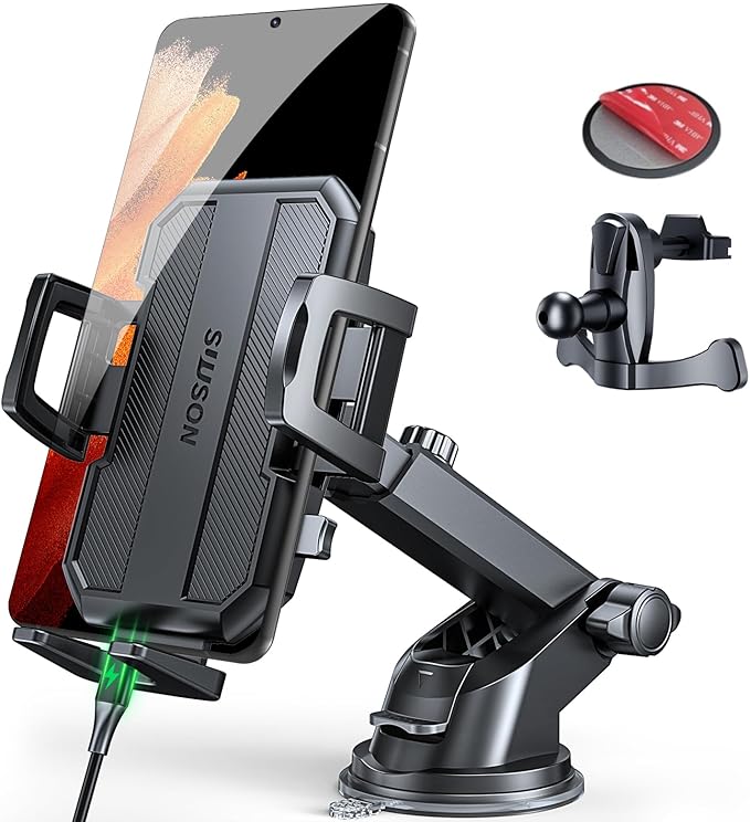 SUUSON Upgraded 3-in-1 Car Phone Holder Mount [Powerful Suction] Phone Mount for Car Dashboard Air Vent Windshield,for All iPhone Android Phone, Jet Black