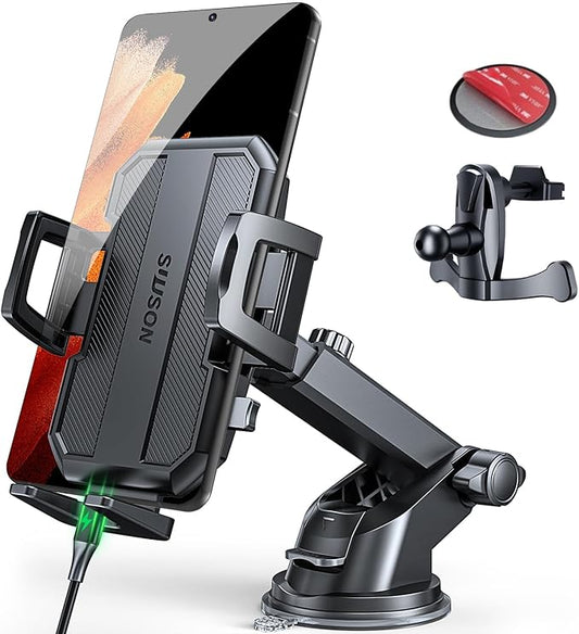 SUUSON Upgraded 3-in-1 Car Phone Holder Mount [Powerful Suction] Phone Mount for Car Dashboard Air Vent Windshield,for All iPhone Android Phone, Jet Black
