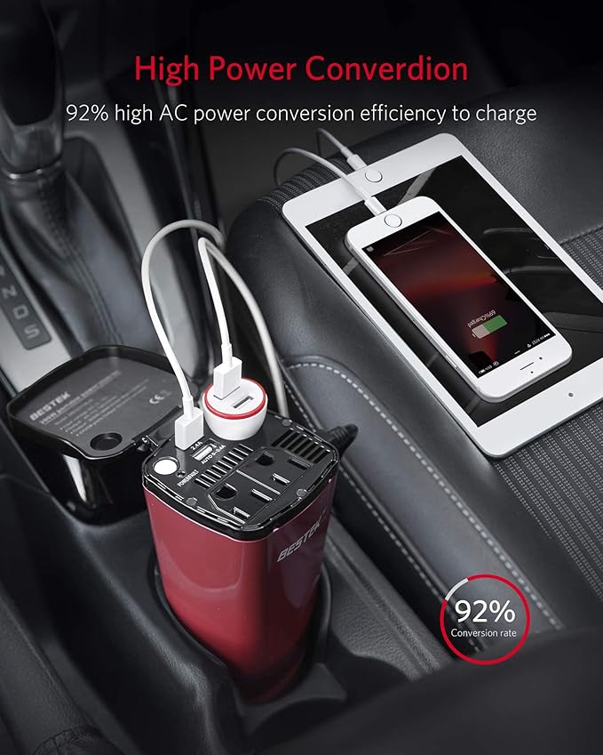 BESTEK 200W Power Inverter, Car Plug Adapter Outlet Converter with Dual 4.5A USB Charging Ports, Cup Holder Car Charger with Cigarette Lighter Socket for Laptop, Computer (Cola Red)