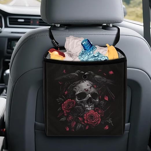 Crow Skull Rose Print Car Trash Can Leakproof Trash Bin Car Garbage Can Hanging Water-Resistant Collapsible Auto Trash Bag Halloween Decor Car Accessories for Women Men