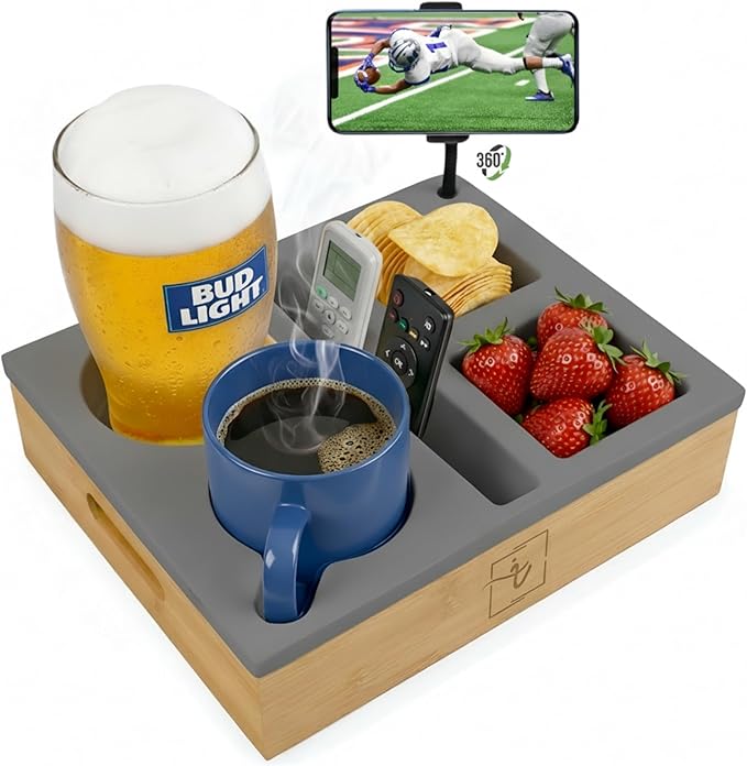 Couch Caddy with Cup Holder | Bamboo Couch Cup Holder Tray for Drinks, Snacks & Remotes | Couch Tray for Bed, Car Seat & Beach Organizer (Grey)