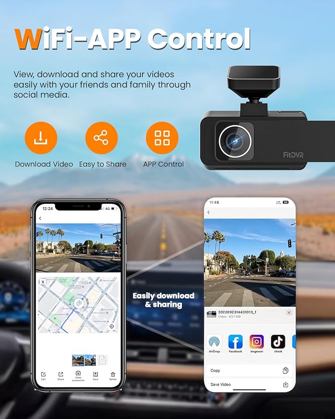 4K 3 Channel Dash Cam, 2160P+1080P+1080P Front and Rear Inside Car Camera with 64GB Card, WiFi Built-in GPS, 3“ IPS Screen, IR Night Vision, G Sensor, WDR(F3)