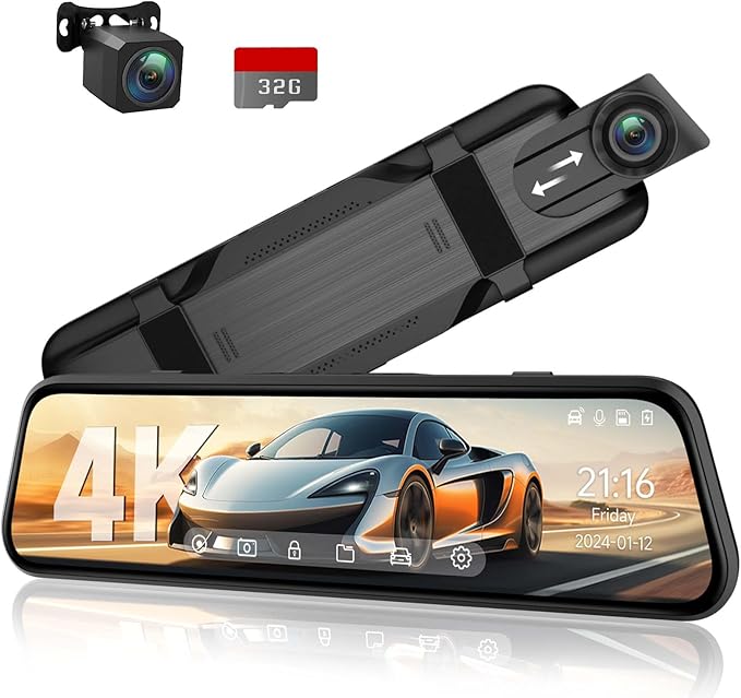 Veement 4K Rear View Mirror Camera, 10'' 4K Mirror Dash Cam with 1080P Backup Camera, Dash Cam Front and Rear for Car with Voice Control, 24H Parking Mode, Night Vision, 32GB SD Card Included