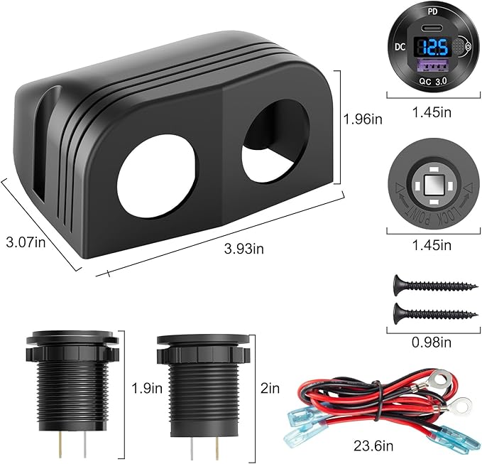 Tent Type Panel 12V USB Outlet Lighted Cigarette Lighter Socket, PD3.0 & QC3.0 Car USB Port Aluminum Charger with LED Voltmeter & Switch, Waterproof Power Panel Adapter DIY Kit for Car Boat Marine RV