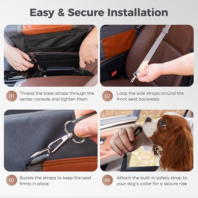Avont Center Console Dog Car Seat for Small Dogs, Secure Armrest Pet Booster Seat with Multi-Strap Support, Washable Console Seat Bed with Storage Pocket -Dark Grey