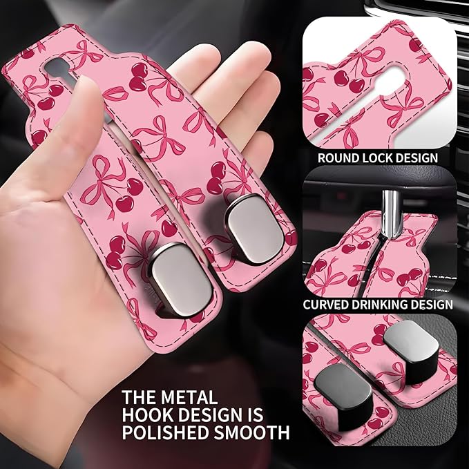 Car Seat Back Storage Headrest Hook, Premium Leather Double Metal Hook, Hanger Storage Organizer for Purse Cloth Bag, Car Interior Accessories Pink Bow Cherry