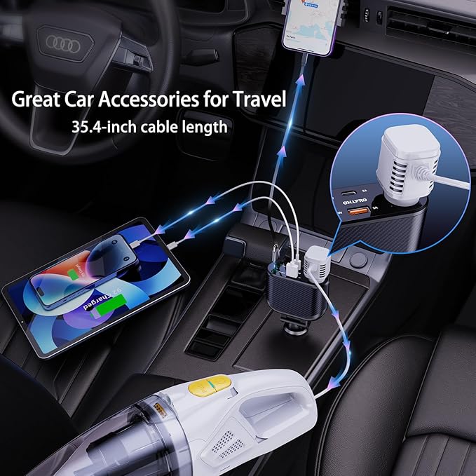 OHLPRO Retractable Car Charger Cigarette Lighter Adapter, 168W 5 in 1 Fast Phone Charging Built-in Replaceable Fuse, Socket Splitter with USB C and USB i Cord, Fit for Phone iPad Galaxy GPS, Grey