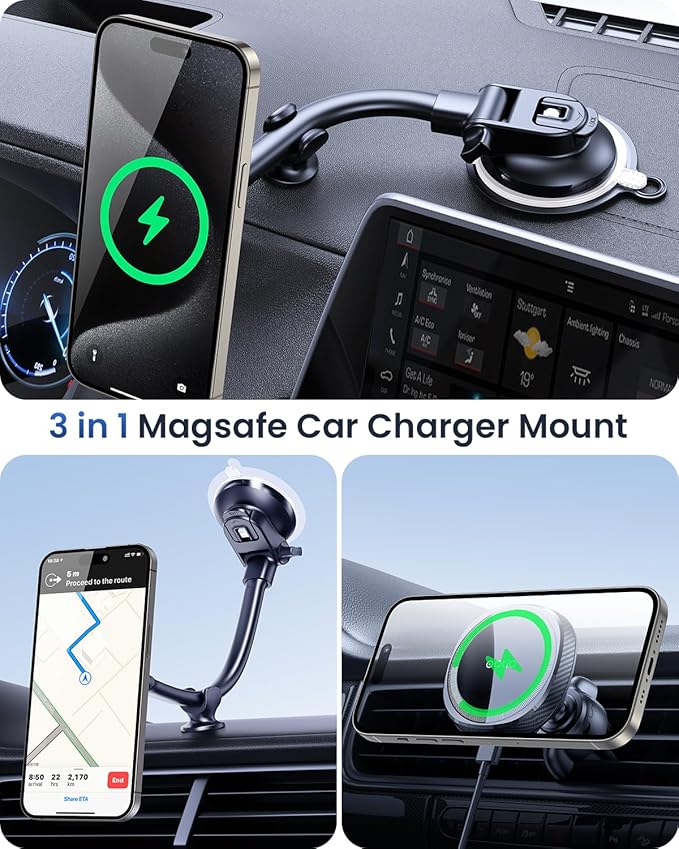 OQTIQ for MagSafe Car Mount Charger, Magnetic Wireless Car Charger Compatible with iPhone 17 16 15 14 13 12 Series, 15W Fast Charging Car Phone Mount for Windshield Dashboard Air Vent