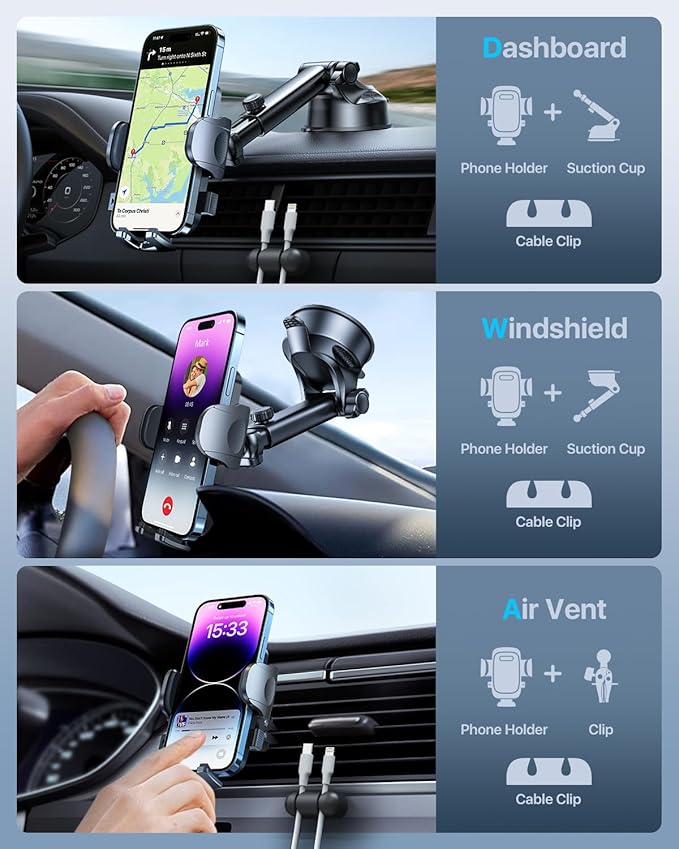 HTU 2026 Upgraded [True Military-Grade] Car Phone Holder【Safety Certs & No Smell】 Cell Phone Holder for Car Mount for Dashboard Windshield Air Vent Long Arm Thick Case,Red
