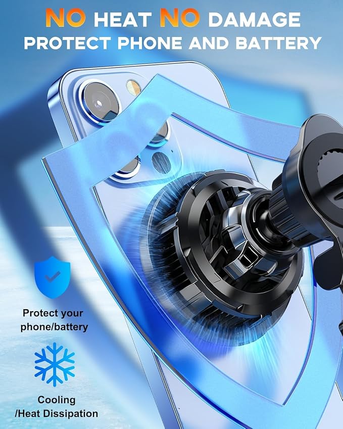 TEC&Fan Cooling Magnetic Wireless Car Charger, For Magsafe Car Mount Fast Charging, Vacuum/Air Vent Car Phone Holder [120LBS Ultra Suction Cup&3000gf Magnet] Dashboard Car Bracket for iPhone/Samsung