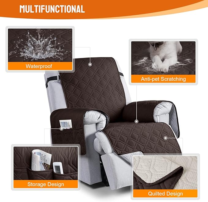 VANSOFY 100% Waterproof Recliner Chair Covers, Recliner Cover Non-Slip Dog Chair Cover Furniture Protector Washable Slipcover with Pocket, Elastic Straps for Pets, Dogs(Chocolate, 20")