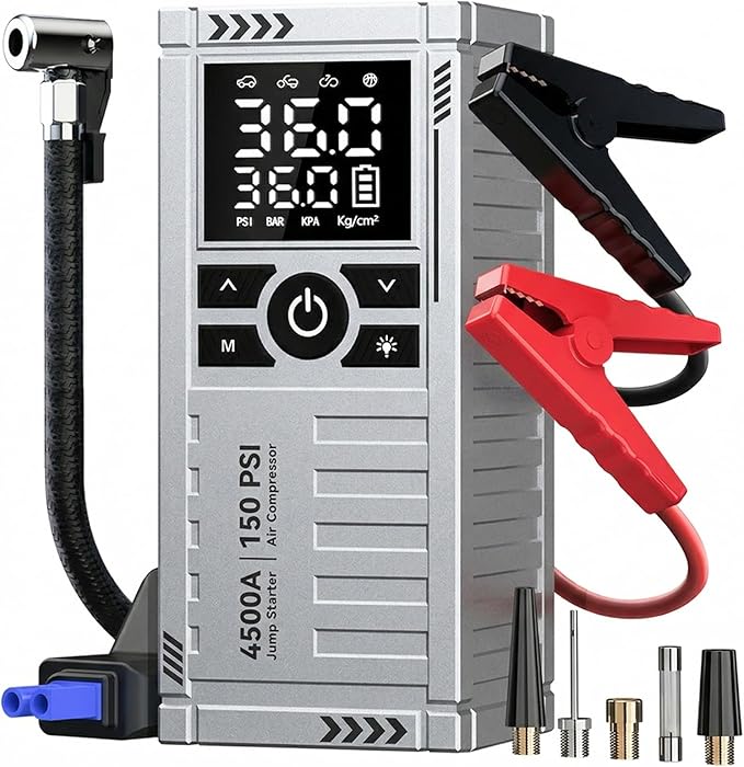Car Battery Jump Starter with Air Compressor - 4500A Battery Jumper Starter Portable (9.0 Gas/8.0L Diesel) with 150PSI Tire Inflator, 12V Car Jump Box with Jumper Cables, LED Light, LCD Display