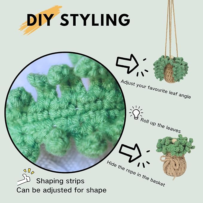 ROFIGL Handmade Crochet Hanging Car Air Freshener - Botanical Fern Leaf Design with 12ml Refillable Glass Essential Oil Bottle, Long-Lasting Car Diffuser & Nature-Inspired Decor