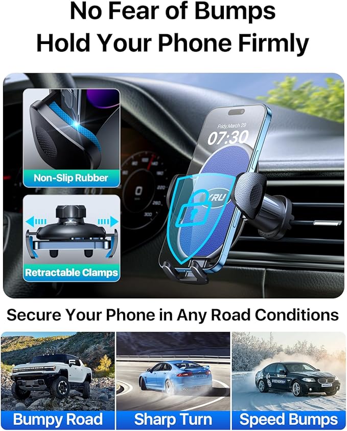 YRU Phone Holders for Your Car [2026 Upgraded Military Metal Hook], Cellphone Holder Car[No Fear of Bumps] Vent Phone Mount Truck Compatible with iPhone17 16 15 14 13 12 Samsung Android, Sapphire