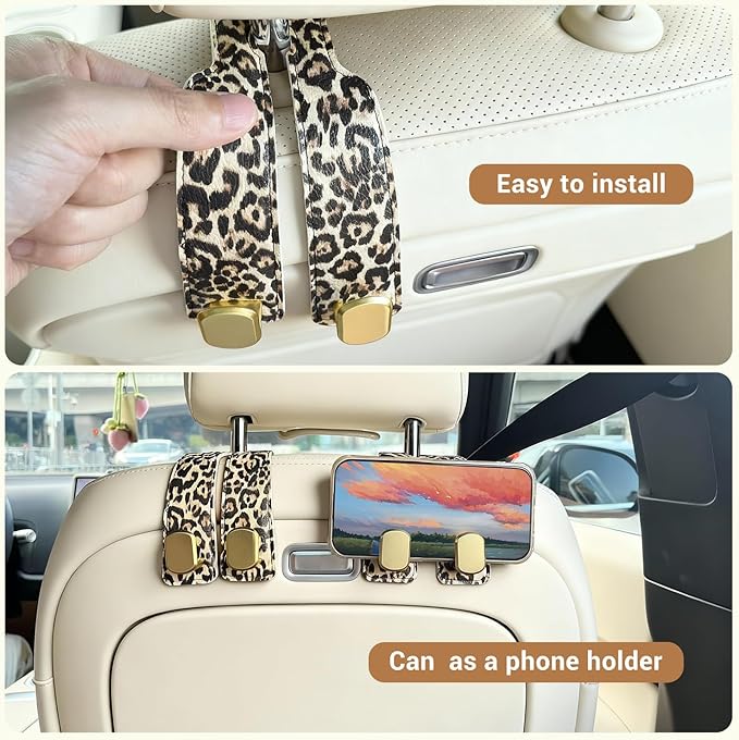 2 Pack Purse Hook for Car Headrest, Car Seat Back Storage Hook for Purses and Bags, Car Back Seat Headrest Purse Holder, Hanger Storage Organizer (Leopard)
