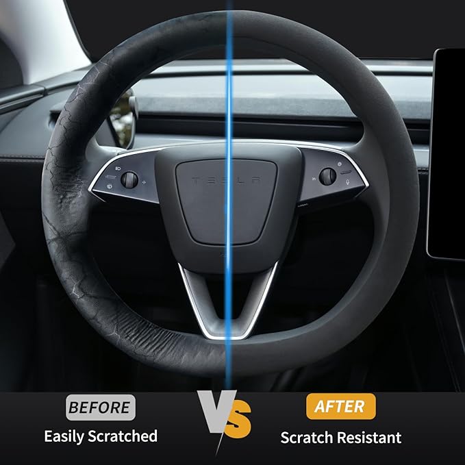 Uxcer Suede Steering Wheel Cover for Tesla Model 3/Y 2016-2025 2026 Juniper/Highland, Non-Slip Breathable Tesla Model 3/Y Steering Wheel Protector, Black