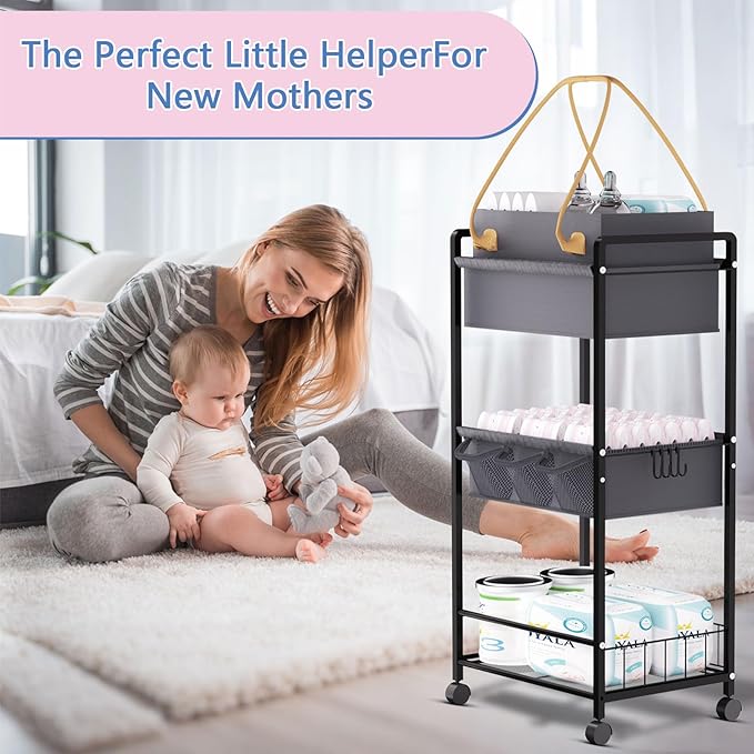 Baby Diaper Caddy Organize-3 Tier RollingDiaper Cart Newborn essentials Diaper2In1 Caddy With Dividers & Removable Diaper Caddy for Nursery Storage Bin CartBedroomBedsideChanging Table & Crib