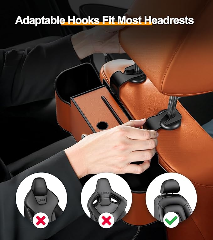 Multifunctional Car Organizers and Storage Box, Car Seat Back Storage Box with Tissue Holder, 2 Cup Holders & Purse Hooks (Orange)