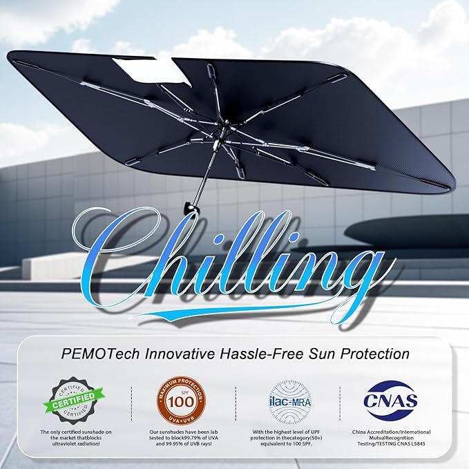 PEMOTech 2026 Upgraded Versatile Car Umbrella Windshield Sun Shade for Four-door sedan and Large | Keep Cool & Protect Interior | Reliable UV Blocker&Heat Shield | Car Window Shades | Medium (57"x32")