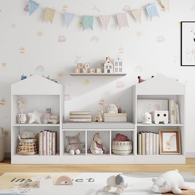 MHOM 68.9“ Kids Bookshelf with Reading Nook, Toy Storage Organizer with Seat Cushion and 7 Storage Cubbies, Wooden Kids Bookcase, Toy Organizers and Storage for Nursery, Playroom, White