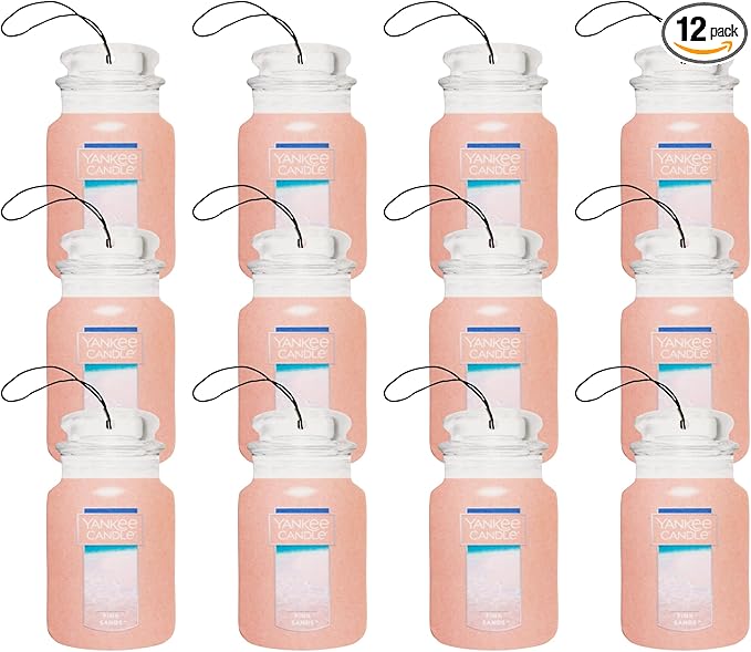 Yankee Candle Classic Paper Car Jar Air Freshener, Hanging Car Freshener, Long Lasting Car Fragrance, Pink Sands (Pack of 12)